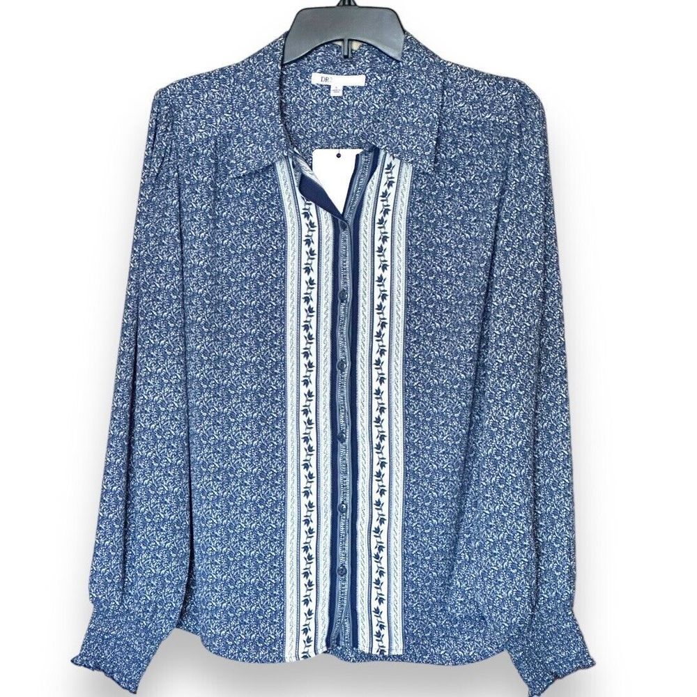 Dr 2 Women’s Blue Floral Button Front Blouse Smocked Sleeve Size Large NWT